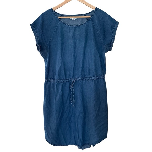 Old Navy Chambray Denim Shirt Dress Drawstring Waist Pockets L Peasant Festival - Picture 1 of 9